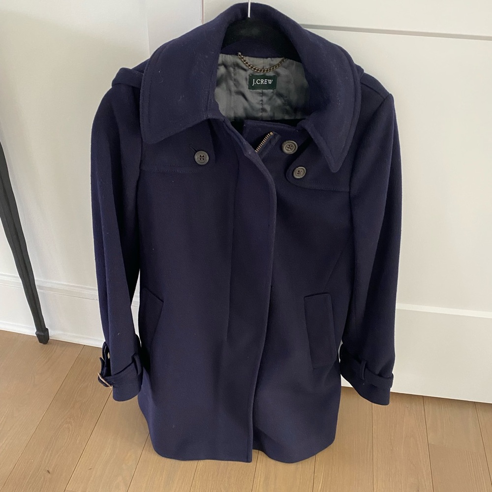 J crew pea coat jacket hood navy